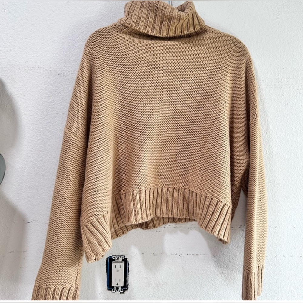 Calvin Klein Camel Knit Pullover Cozy Tan Cable Knit Turtleneck Sweater - Picture 16 of 16
